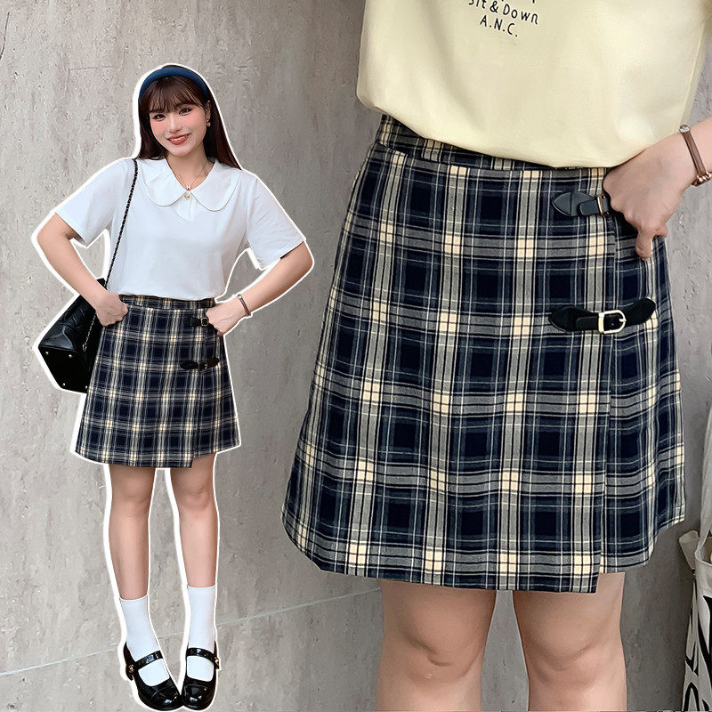 微胖大码设计感格纹皮扣春夏显瘦A字32053。,女装/女士精品,大码半身裙,淘宝优惠券,粉丝福利购,淘宝优惠卷