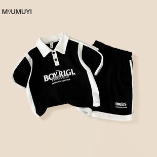 中小男童休闲套装2025新款夏季韩版洋气拼接撞色短袖潮裤宽松厂家