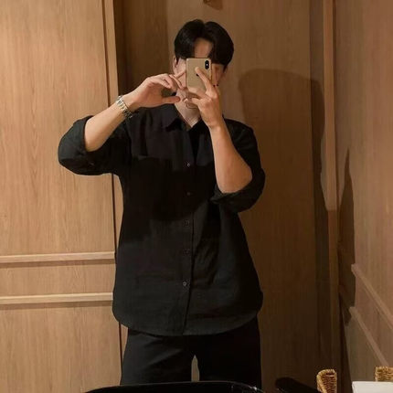 蓝色衬衫男士高级感潮牌日系设计感小众穿搭休闲长袖衬衣外套