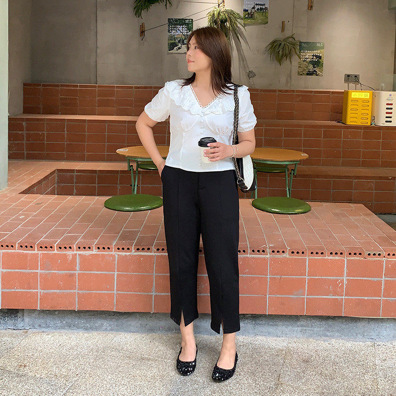 大码胖mm九分开叉裤女夏垂感显瘦直筒烟管裤梨型身材,女装/女士精品,大码裤装,淘宝优惠券,粉丝福利购,淘宝优惠卷