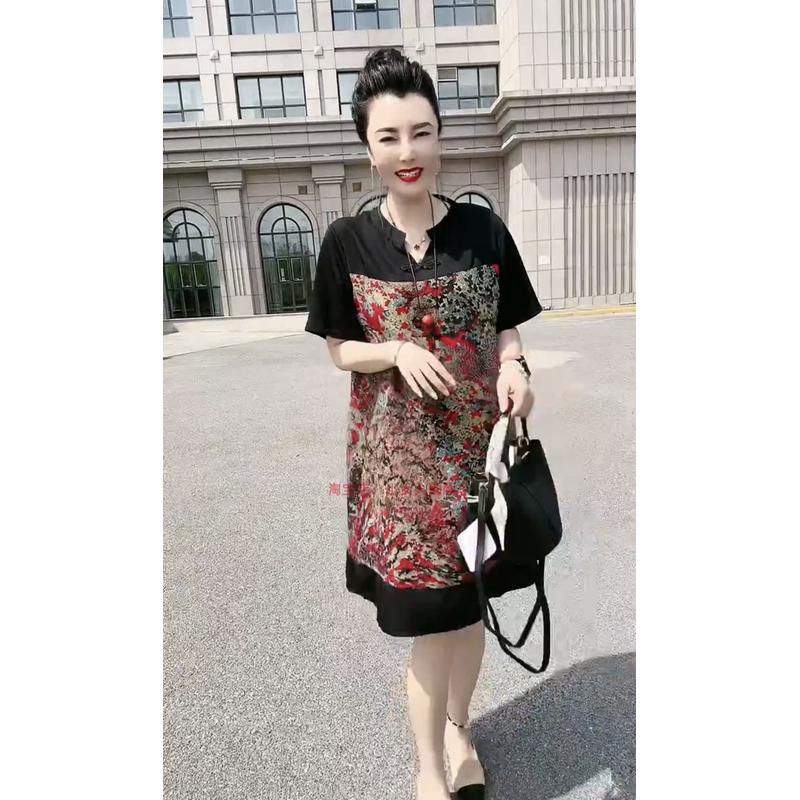 夏装盘扣黑色拼接碎花宽松雪纺女中长版妈妈打底裙