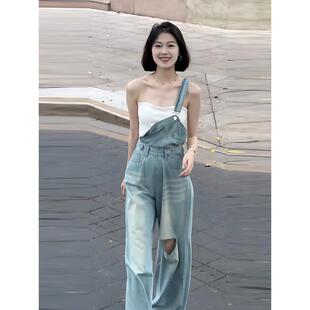 夏季减龄牛仔背带裤女宽松设计感小个子显瘦直筒阔腿长裤