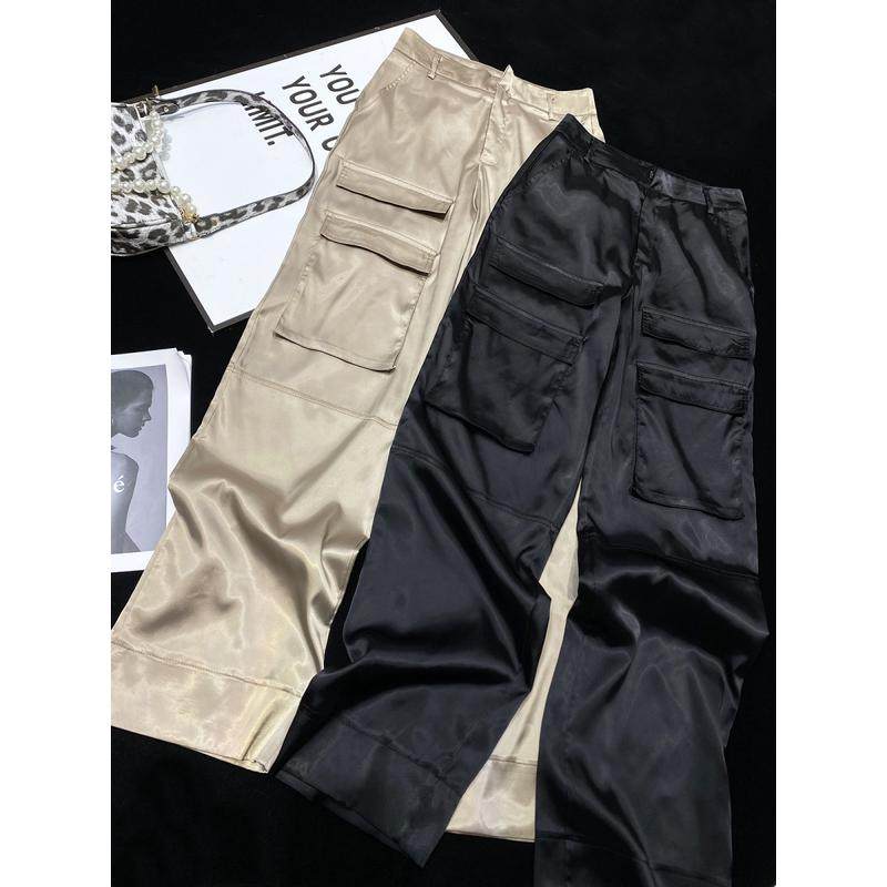 CCA仿绸缎亮面大口袋工装裤缎面垂感拖地直筒女士,女装/女士精品,休闲裤,淘宝优惠券,粉丝福利购,淘宝优惠卷