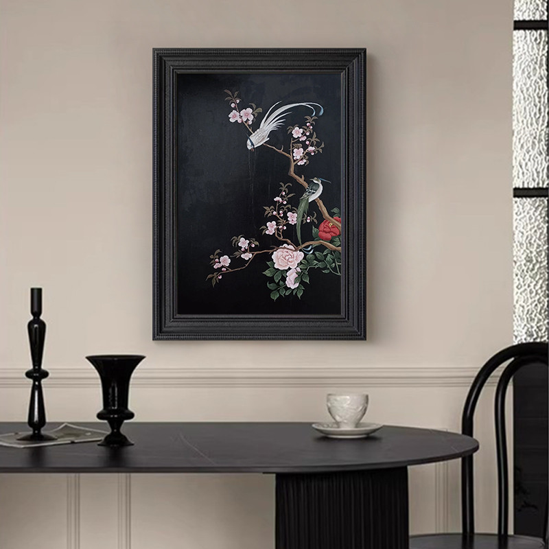 纯手绘油画客厅玄关高级感花鸟复古摆件牡丹花新中式美学装饰挂画图片