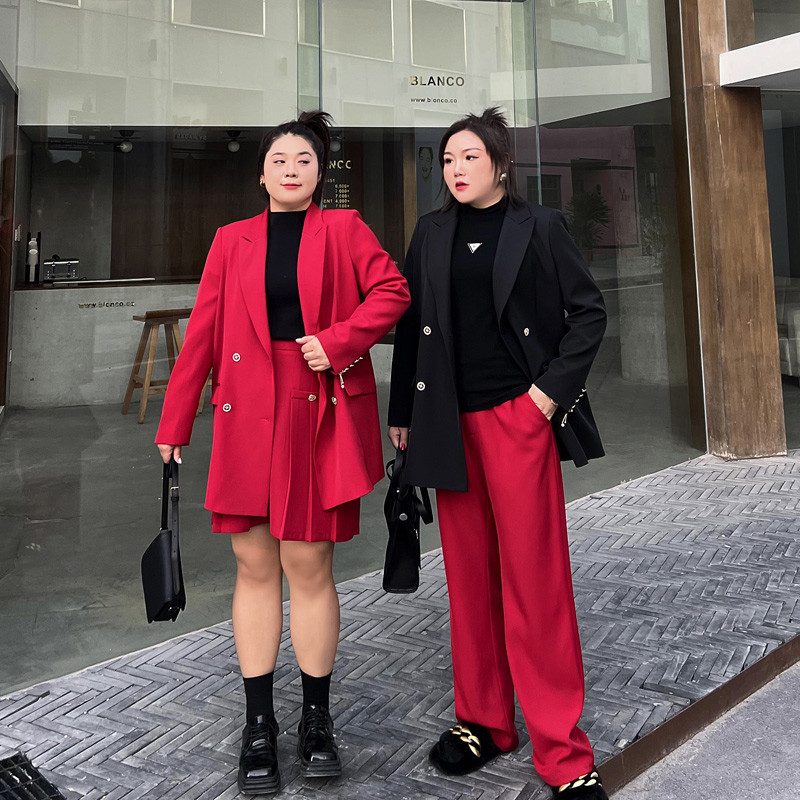 特大码高级感两件套春季200斤胖妹妹mm红色炸街套装