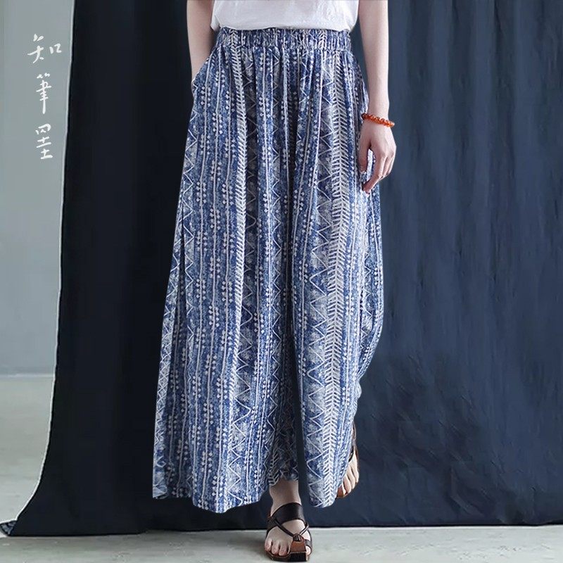 知笔墨夏文艺青花民族风松紧腰宽松阔腿裤 文艺裙裤女