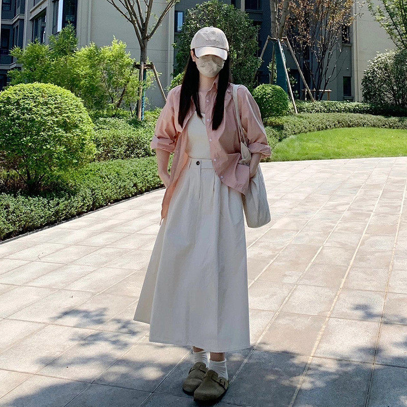甜美日系藕粉色衬衫女宽松慵懒风小众设计感学生长袖polo衬衣