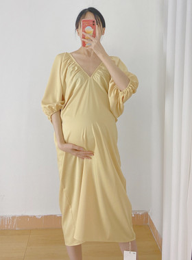 冰凉感！醋酸缎面~夏季孕妇V领女高级感气质孕妈妈黄色