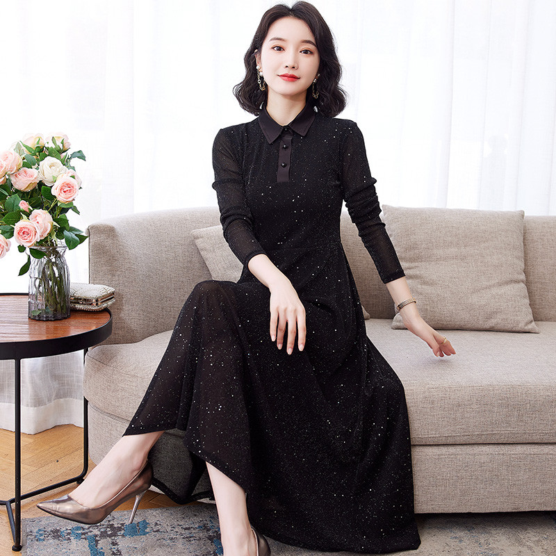 春季网纱女长袖2024年新款大码气质显瘦polo领长款