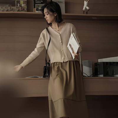无谓韩式文艺2025春季新款假两件拼接V领气质