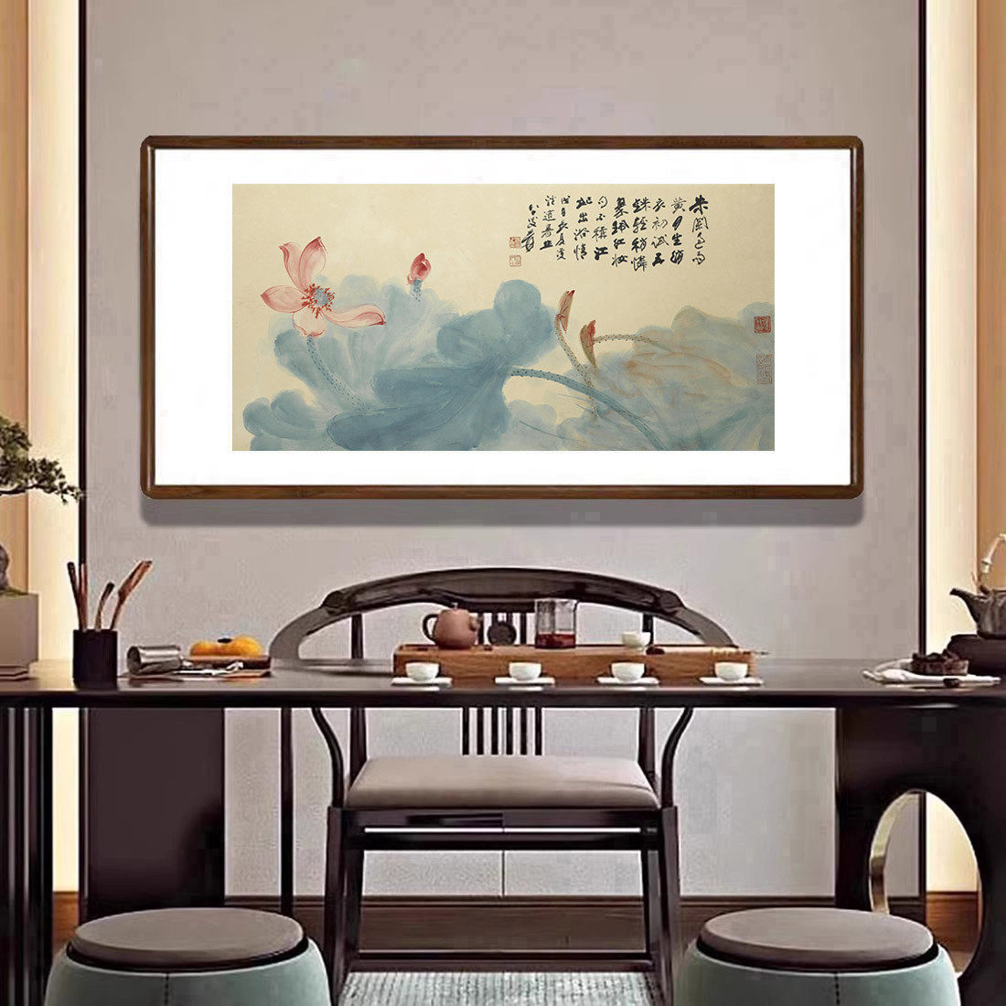 荷花挂画张大千红荷图国画新中式客厅装饰画茶室餐厅背景墙水墨画