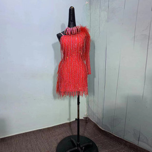 斜肩拉丁舞比赛裙珠管镶钻伦巴舞表演服恰恰带鸵鸟毛