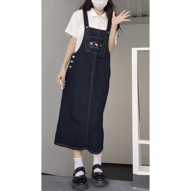 牛仔背带裙女夏季胖mm大码梨形身材宽松遮胯刺绣潮
