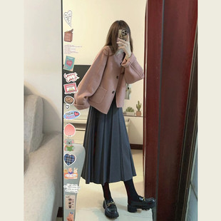 韩版秋冬季小个子搭配显高呢子大衣高级感粉色毛呢女短款