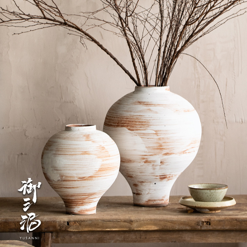 御三泥ins风民宿侘寂客厅插花装饰粗陶花瓶中式干花摆件
