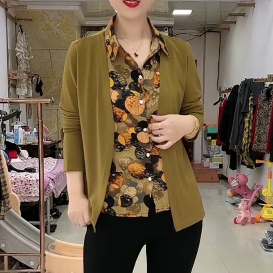 洋气假两件衬衣女春秋新款长袖大码妈妈宽松遮肚大码外穿