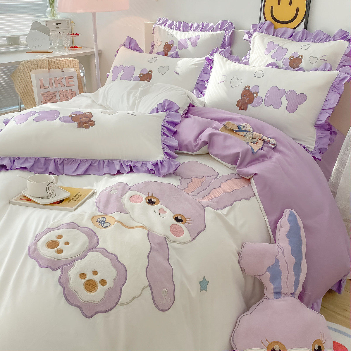 可爱兔卡通100长绒棉四件套床上用品全棉被套纯棉公主风儿童床笠4,床上用品,床品套件/四件套/多件套,淘宝优惠券,粉丝福利购,淘宝优惠卷