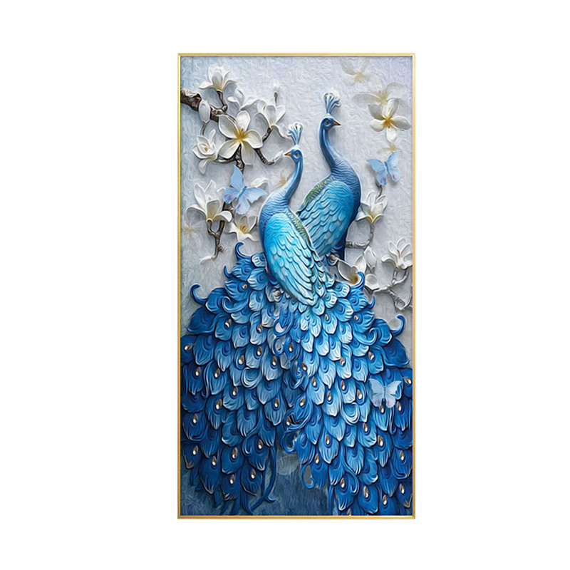 入户客厅玄关装饰画现代简约竖版背景墙壁画走廊过道挂画孔雀镶钻图片