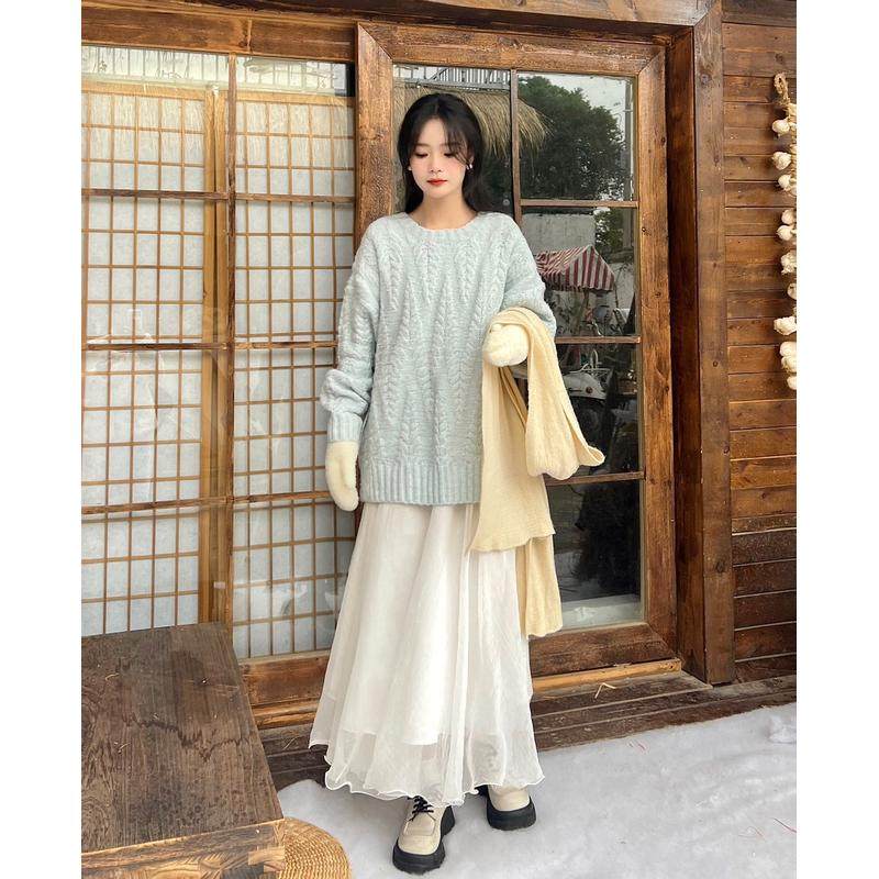 一罐杏仁桃奶蓝色麻花毛衣女宽松慵懒风温柔套头衫秋冬外穿