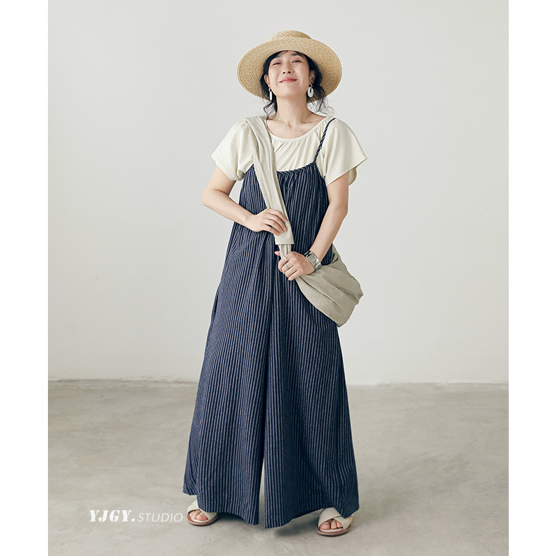 印计谷羽 文艺条纹裙裤女夏小众宽松显瘦阔腿裤长裤F951