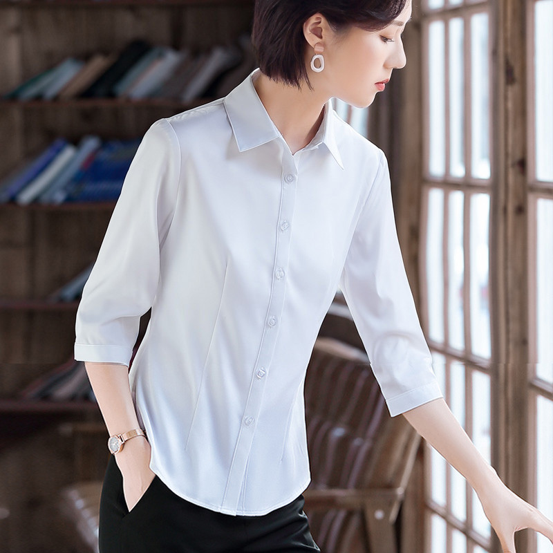春夏衬衫女白色七分袖墨绿色中袖工装酒店工作服抗皱免烫衬衣