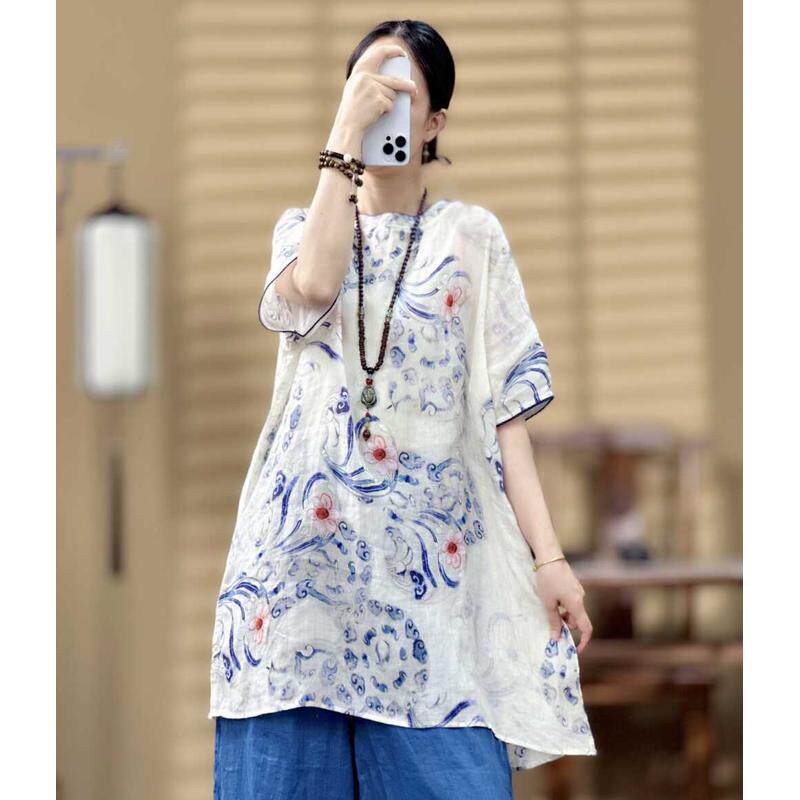 束心夏装新款新中式斜襟珠扣五分袖衬衫女苎麻印花中长款