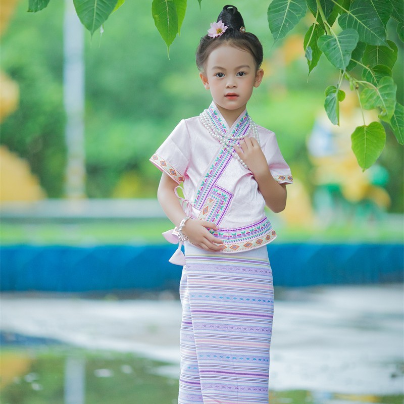 沙芭利 粉紫色花边传统傣族服装 西双版纳民族服装小女孩套装