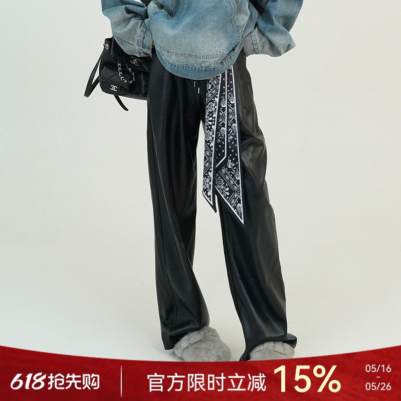 黑色松紧腰抽绳皮裤女春季韩系直筒宽松休闲百搭