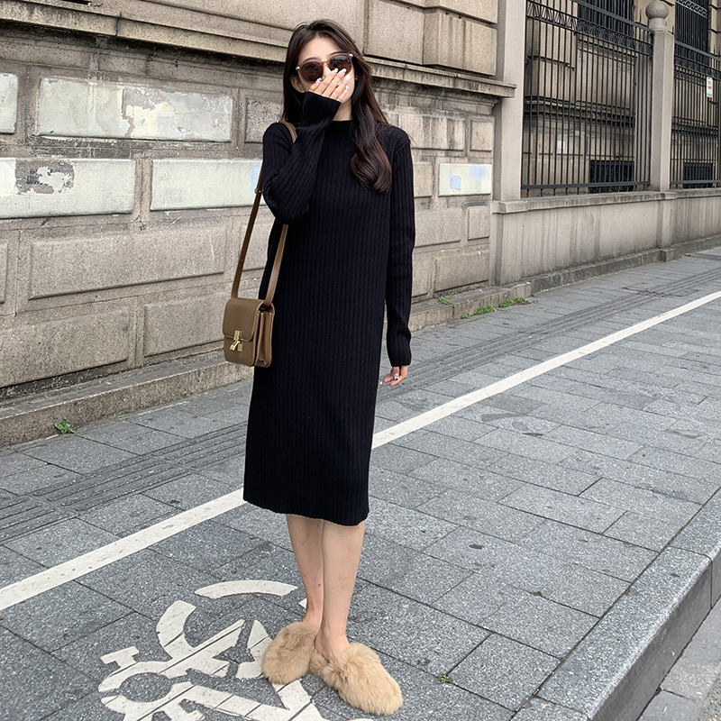 黑色女小个子打底过膝秋冬长款半高领内搭毛衣裙