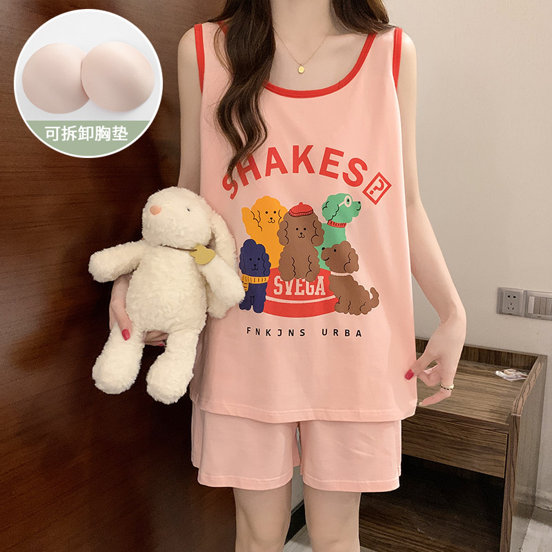 新品带胸垫睡衣女2025夏季新款纯棉无袖背心大码200斤家居服短裤