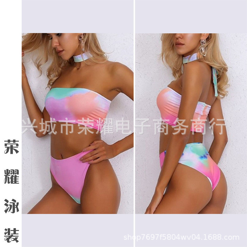 现货2024欧美亚马逊夏季女装扎染渐变分体式性感裹胸沙滩泳衣
