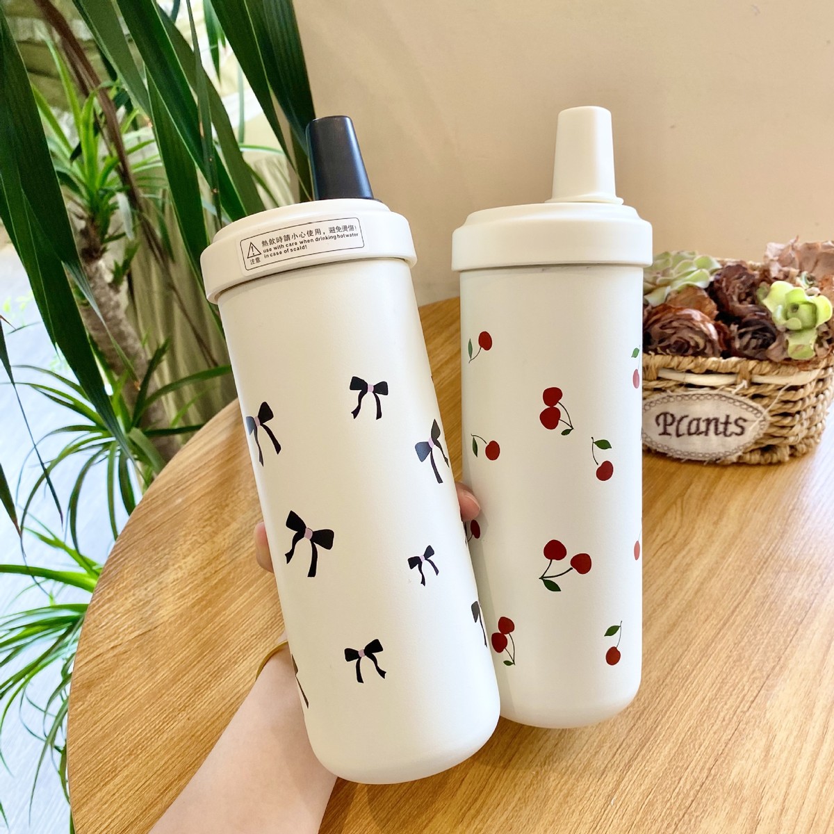 粗吸管奶茶保温杯 430ml和750ml两种容量樱桃可爱咖啡杯不锈钢