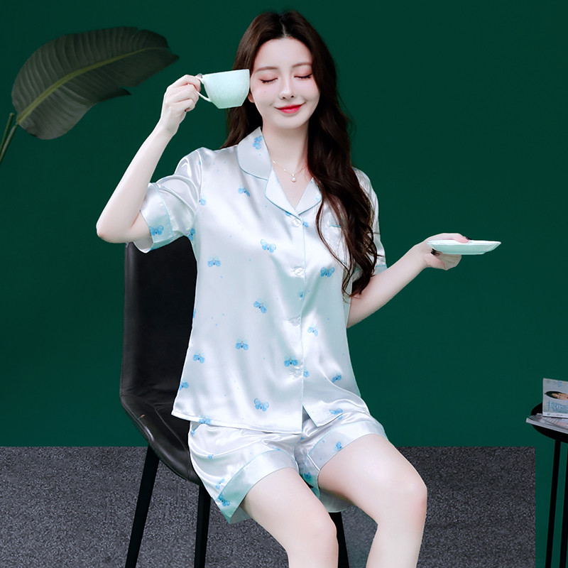 新品青年女款夏季短袖短裤薄款冰丝丝绸女士宽松甜美睡衣家居服两