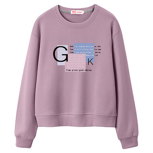 95%棉圆领女短款春秋款薄款宽松加绒长袖无帽打底衫英文