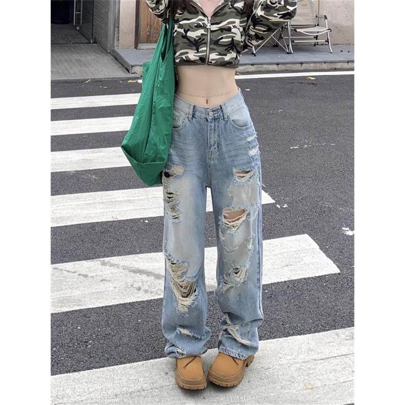 美式高街破洞女2024夏季新款小个子ins宽松阔腿拖地裤,女装/女士精品,大码裤装,淘宝优惠券,粉丝福利购,淘宝优惠卷