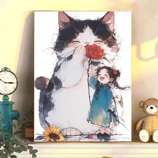 成品油画风可爱动物装饰画客厅卧室卡通温馨挂画治愈系女孩喷印画