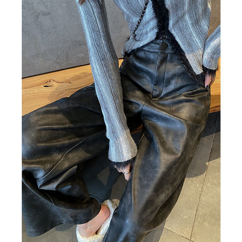 黑色皮裤女2024新款直筒显瘦宽松高级宽松阔腿裤弯裤,女装/女士精品,休闲裤,淘宝优惠券,粉丝福利购,淘宝优惠卷