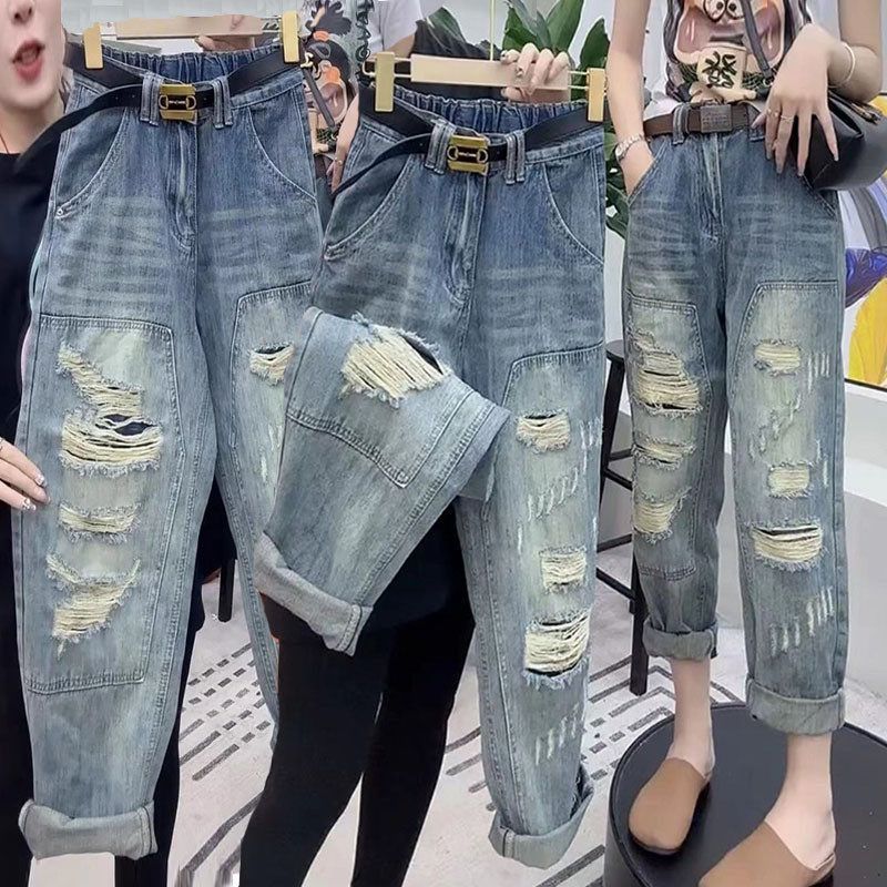 胖妹妹炸街大码女胖mm春季宽松显瘦阔腿直筒破洞女,女装/女士精品,大码裤装,淘宝优惠券,粉丝福利购,淘宝优惠卷