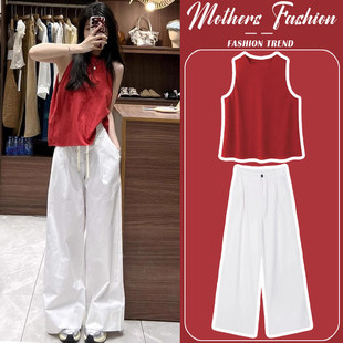 孕妇套装2025新款夏季时尚洋气时髦无袖薄款红色两件套女