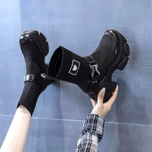 中筒内增高跟马丁靴女鞋2025年春春季新款爆款袜子靴弹力厚底短靴