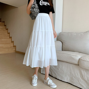 2024新款白色女夏季雪纺垂感显瘦蛋糕裙小个子半身