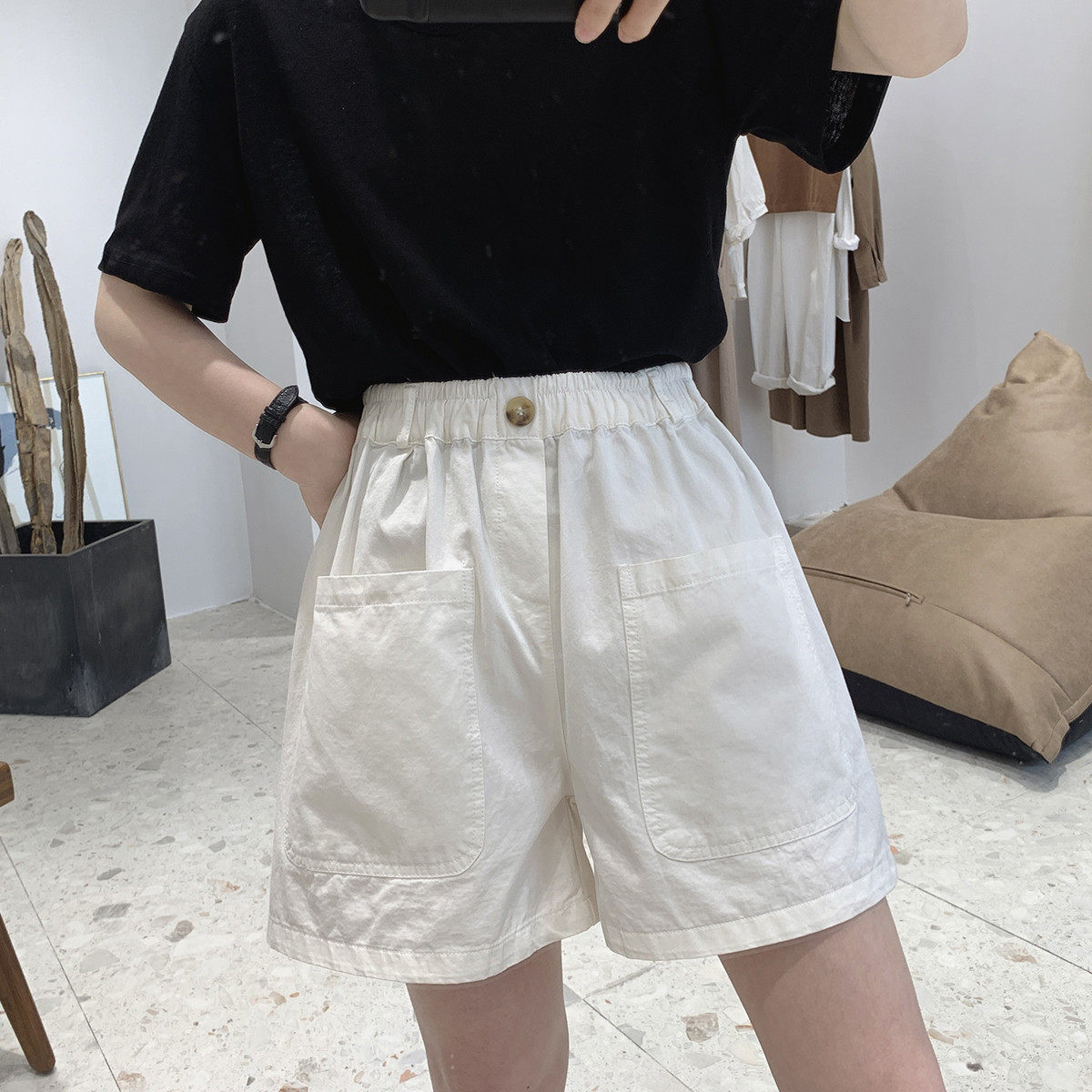 休闲白色女夏季韩版松紧宽松大码显瘦a字沙滩口袋阔腿裤,女装/女士精品,休闲裤,淘宝优惠券,粉丝福利购,淘宝优惠卷