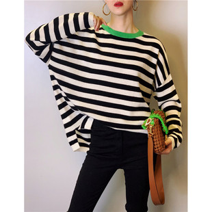 慵懒风黑白条纹毛衣女低圆领套头长袖宽松廓形打底毛衫外