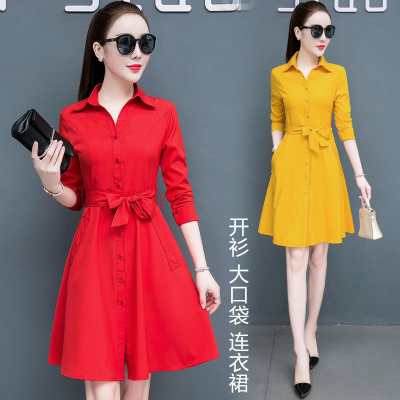 女2025新款春设计感红色洋气收腰系带有口袋衬衫裙