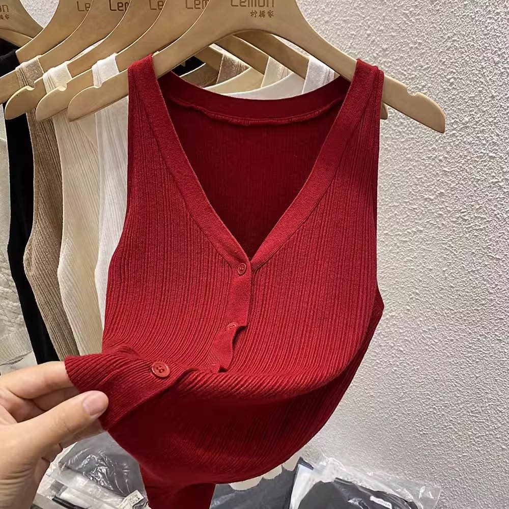 2024夏季红色开衫无袖马甲女内搭打底衫外穿V领,女装/女士精品,时尚防晒服,淘宝优惠券,粉丝福利购,淘宝优惠卷