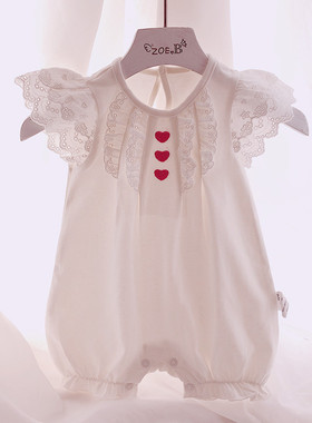 韩版女宝宝夏季蕾丝连体衣新生儿满月百日宴白色公主哈衣