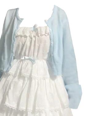 大码胖妹妹夏季时尚新款蛋糕裙短款白色女防开衫套装