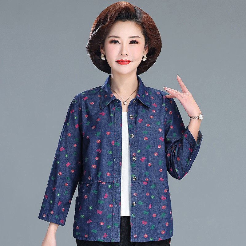 中老年女衬衫七分袖纯棉50岁全棉衬衣洋气妈妈薄款牛仔春夏装