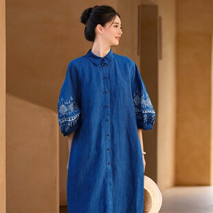 知笔墨夏宽松袖 袍子 式 蜡画植物染纯亚麻衬衫