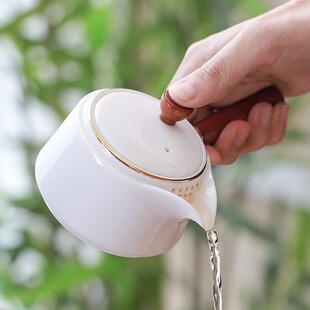 陶瓷白瓷木柄鹰嘴侧把壶功夫茶具泡茶家用茶壶煮茶壶中式 新品 纯色
